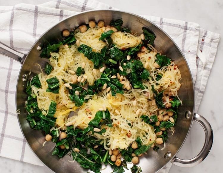 Spaghetti squash with chickpeas and kale