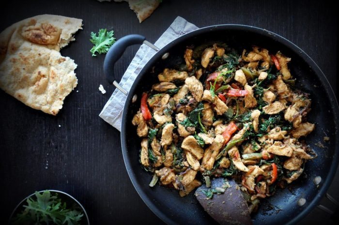 Chicken, Kale, and Red Pepper Stir Fry with Naan